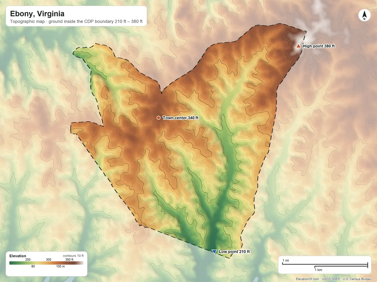 Topographic elevation map of Ebony, Virginia, shaded from 210 ft on the southeast side to 380 ft on the northeast side