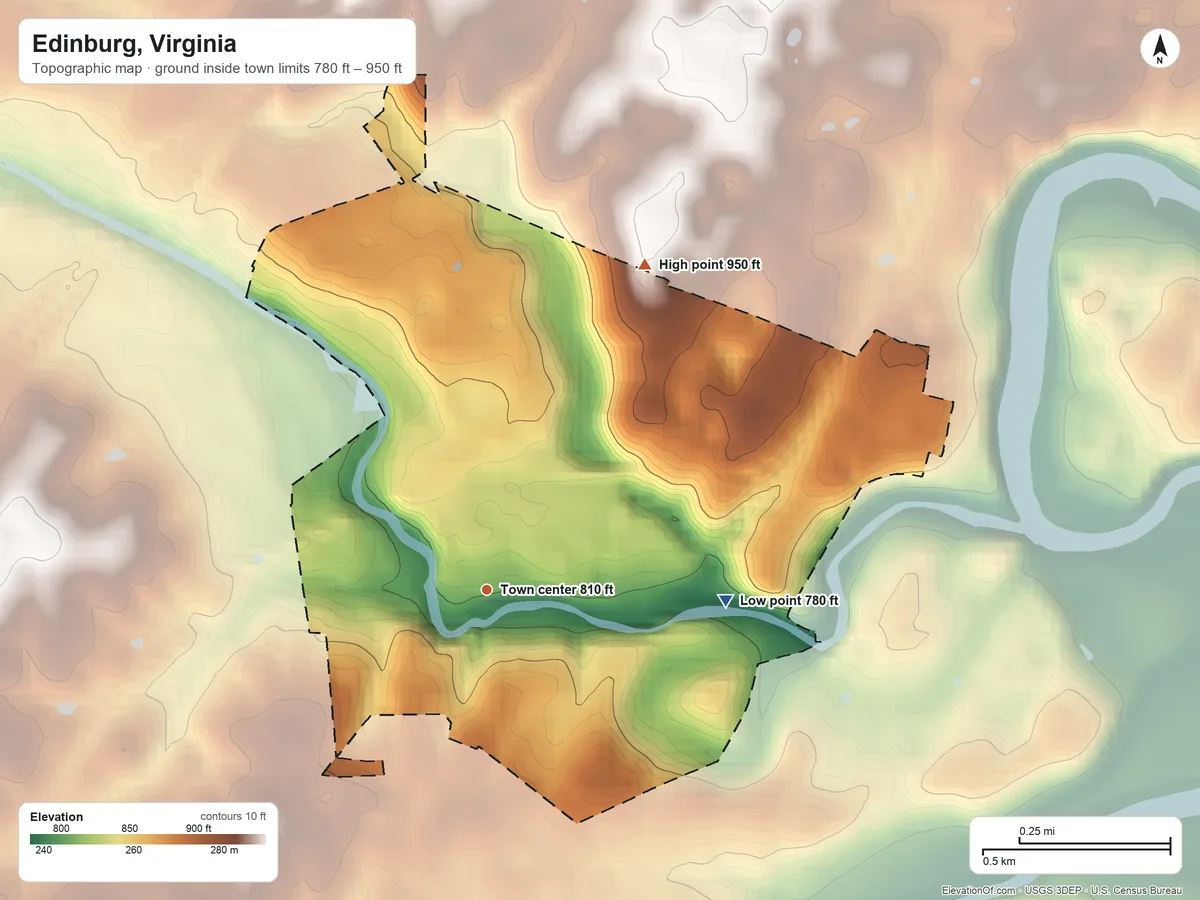 Topographic elevation map of Edinburg, Virginia, shaded from 780 ft on the east side to 950 ft at the foot of the Massanutten Mountain