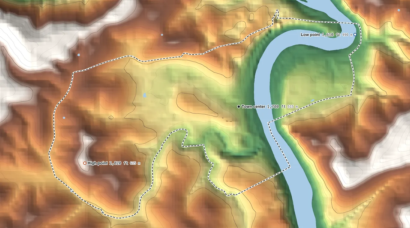 Topographic elevation map of Eggleston, Virginia, shaded from 1,610 ft on the northeast side to 2,020 ft on the west edge, below higher ground just outside