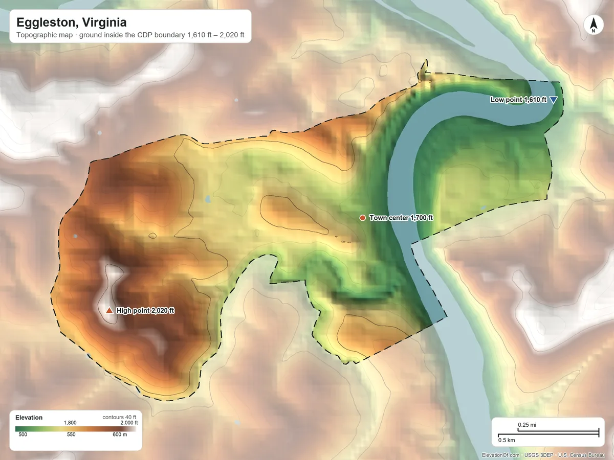 Topographic elevation map of Eggleston, Virginia, shaded from 1,610 ft on the northeast side to 2,020 ft on the west edge, below higher ground just outside