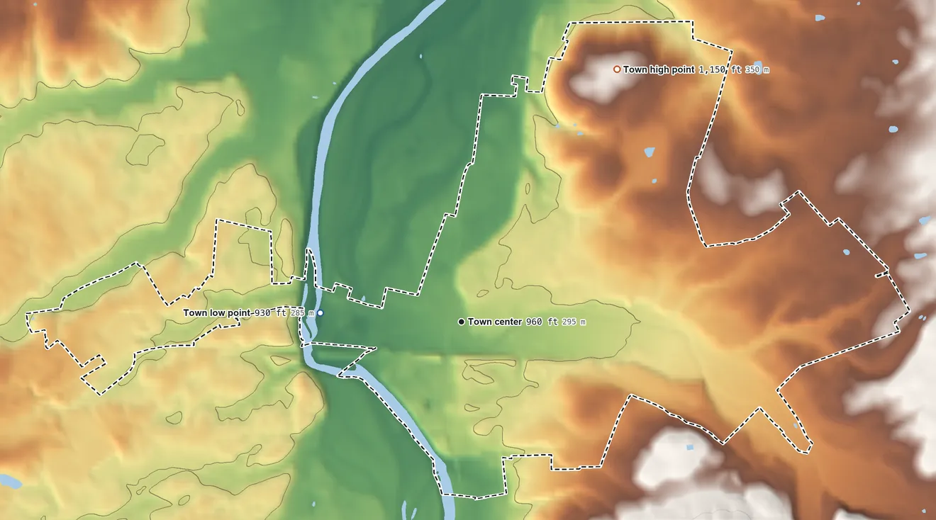 Topographic elevation map of Elkton, Virginia, shaded from 930 ft on the west side to 1,150 ft on the northeast side