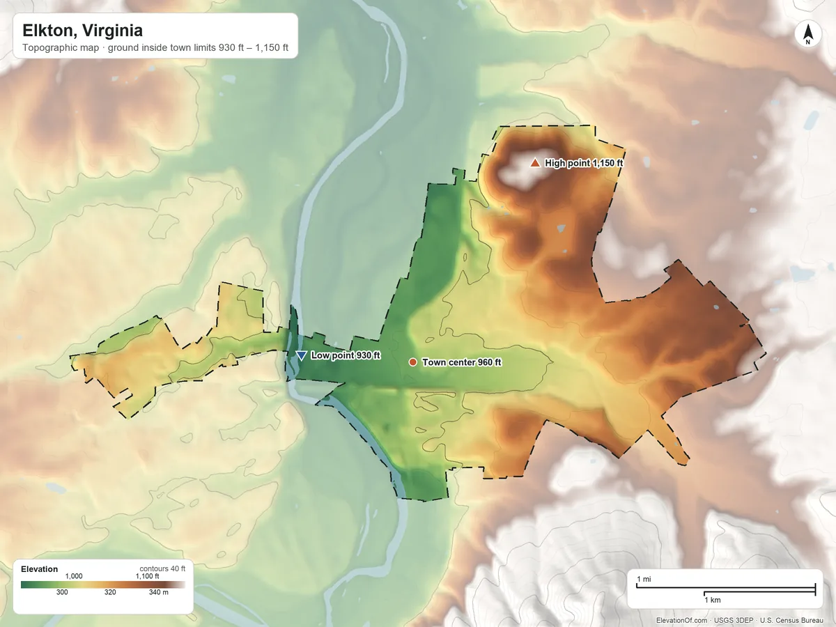 Topographic elevation map of Elkton, Virginia, shaded from 930 ft on the west side to 1,150 ft on the northeast side