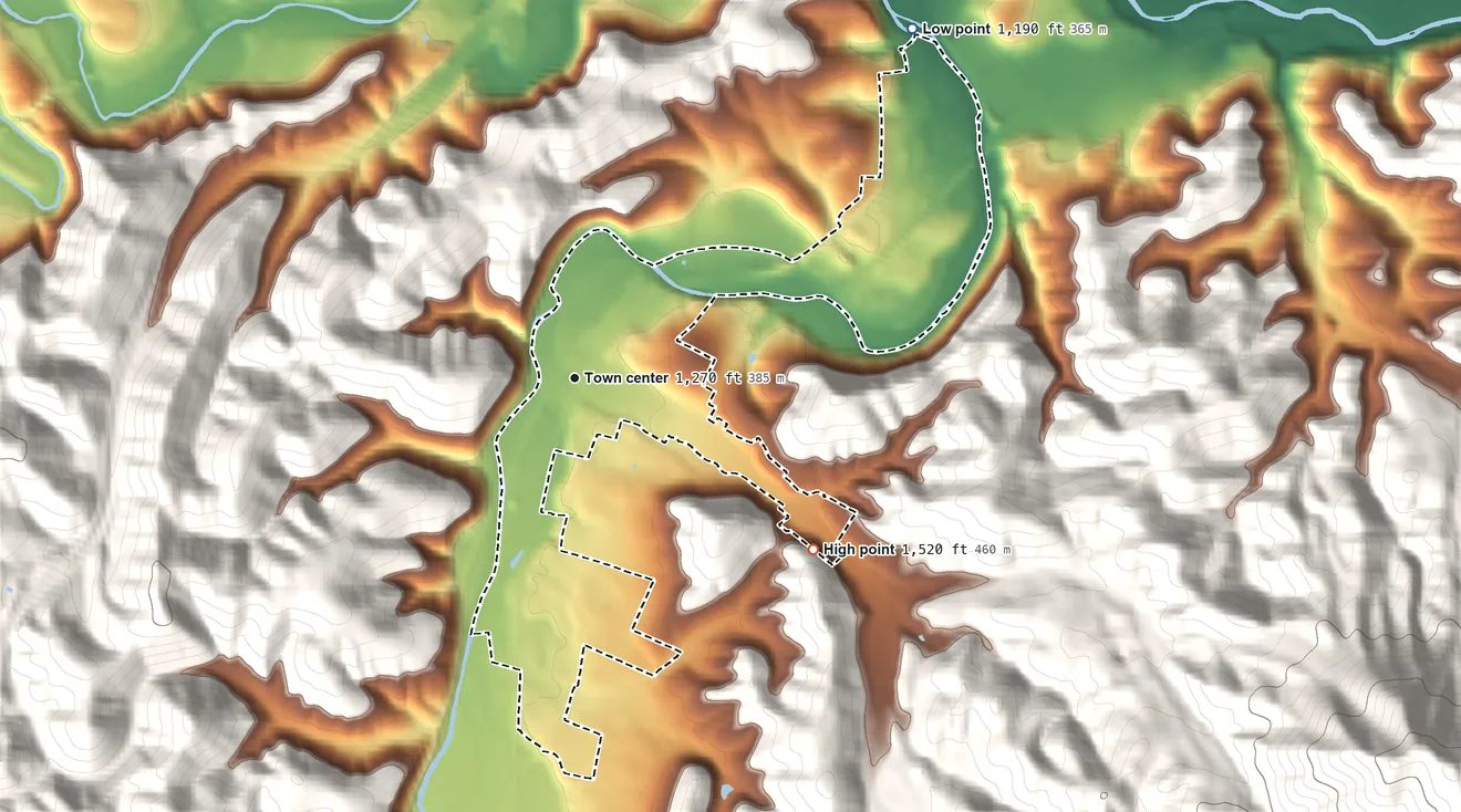 Topographic elevation map of Elliston, Virginia, shaded from 1,190 ft on the northeast side to 1,520 ft at the foot of the Pedlar Hills