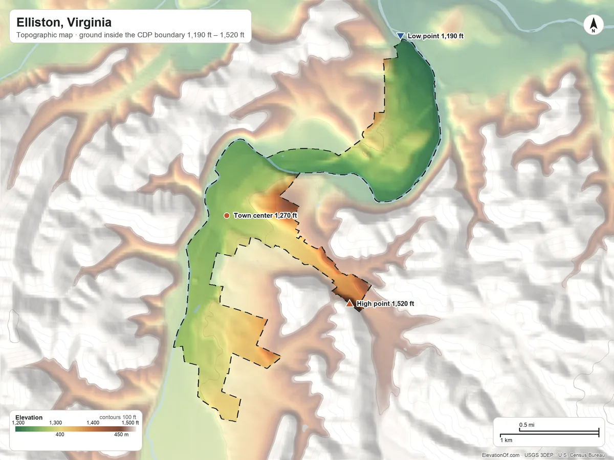 Topographic elevation map of Elliston, Virginia, shaded from 1,190 ft on the northeast side to 1,520 ft at the foot of the Pedlar Hills