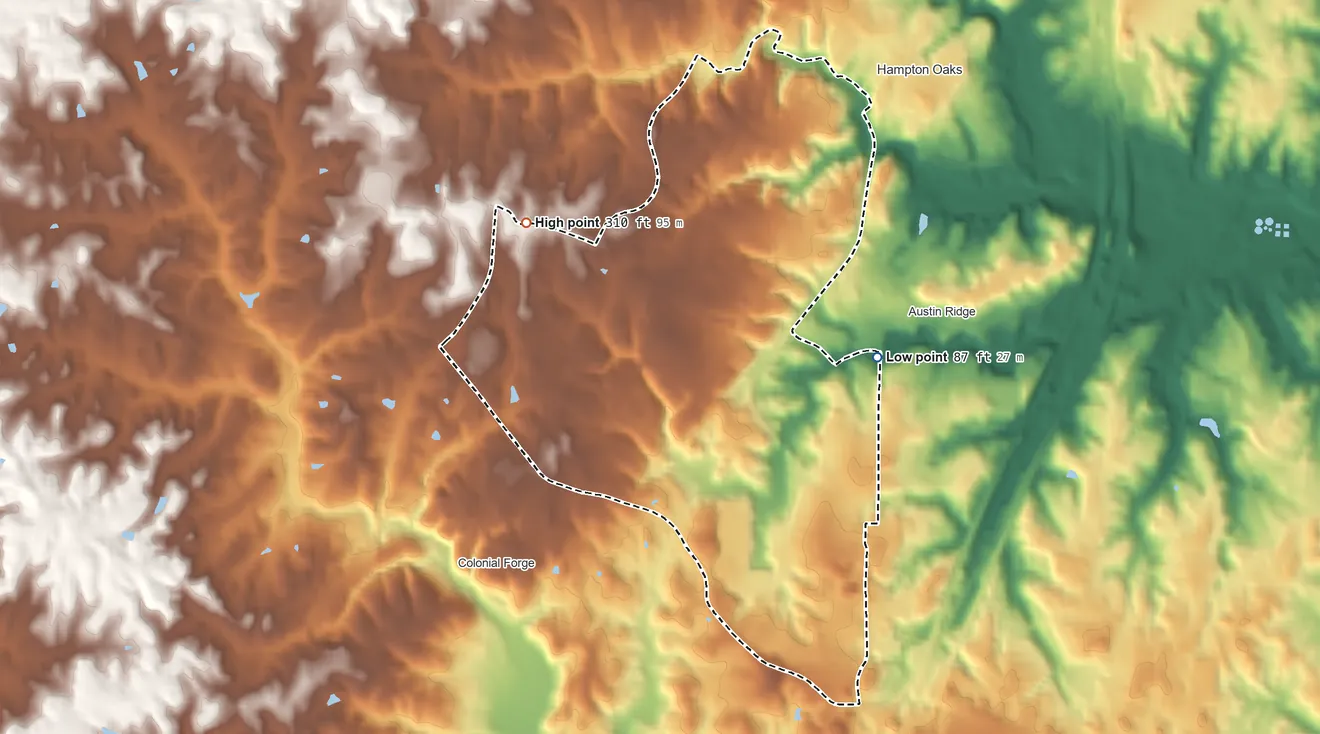 Topographic elevation map of Embrey Mill, Virginia, shaded from 87 ft on the east side to 310 ft on the northwest side