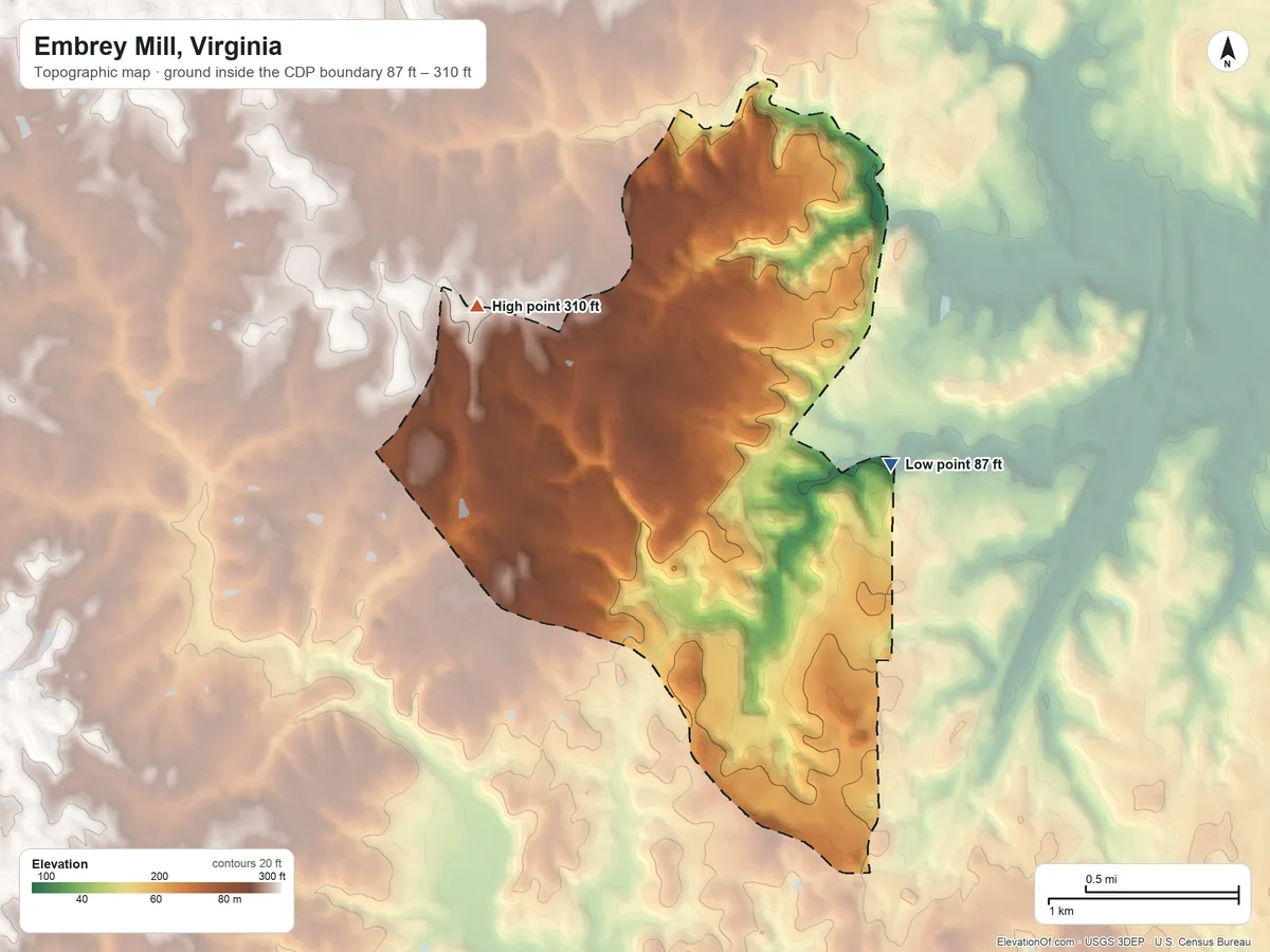 Topographic elevation map of Embrey Mill, Virginia, shaded from 87 ft on the east side to 310 ft on the northwest side