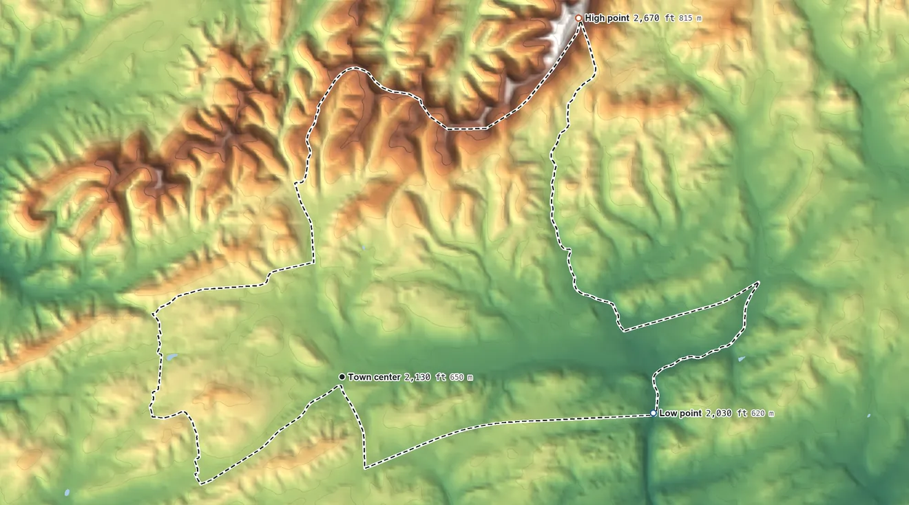 Topographic elevation map of Emory, Virginia, shaded from 2,030 ft on the east side to 2,670 ft on the northeast side