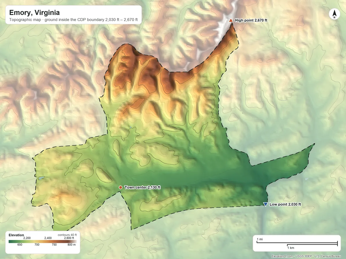 Topographic elevation map of Emory, Virginia, shaded from 2,030 ft on the east side to 2,670 ft on the northeast side