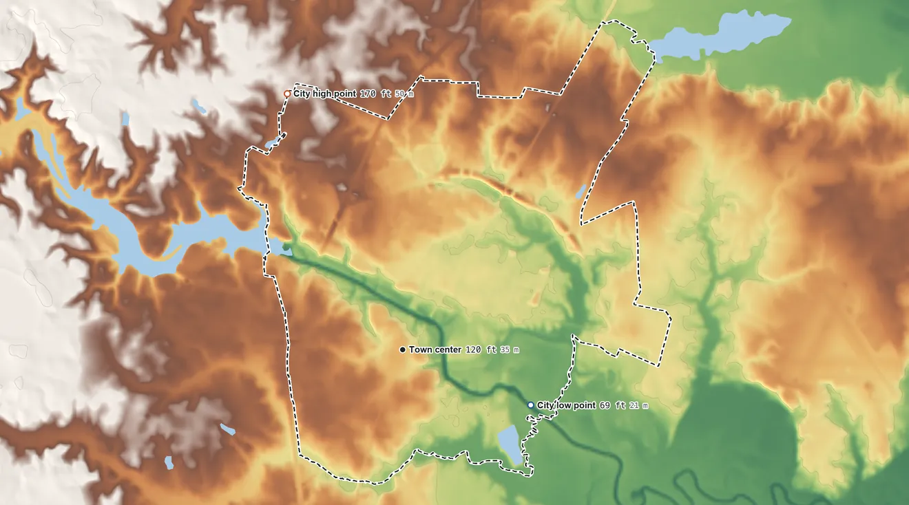 Topographic elevation map of Emporia, Virginia, shaded from 69 ft on the southeast side to 170 ft on the northwest side