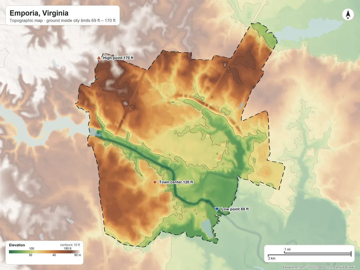 Topographic elevation map of Emporia, Virginia, shaded from 69 ft on the southeast side to 170 ft on the northwest side