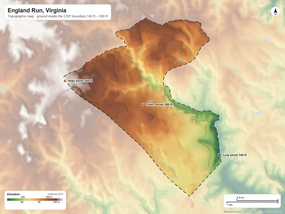 Topographic elevation map of England Run, Virginia, shaded from 140 ft on the southeast side to 350 ft on the west side