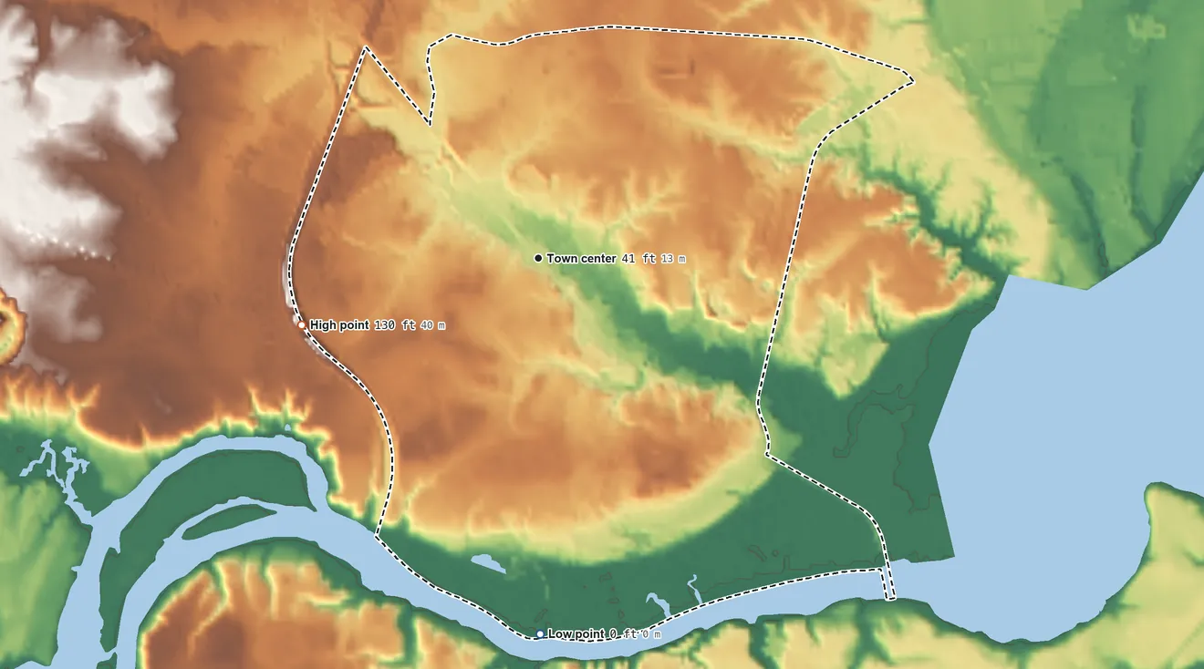 Topographic elevation map of Enon, Virginia, shaded from 0 ft on the south side to 130 ft on the west side