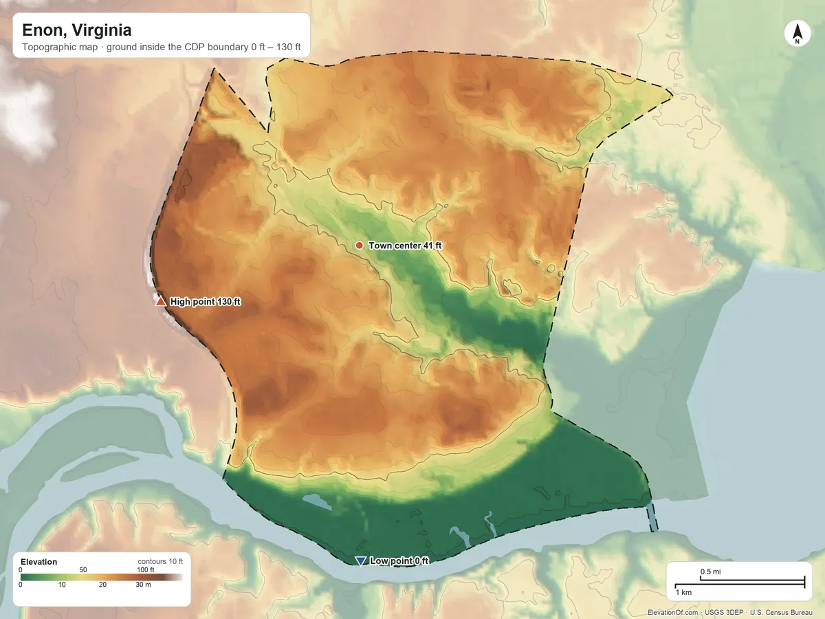 Topographic elevation map of Enon, Virginia, shaded from 0 ft on the south side to 130 ft on the west side