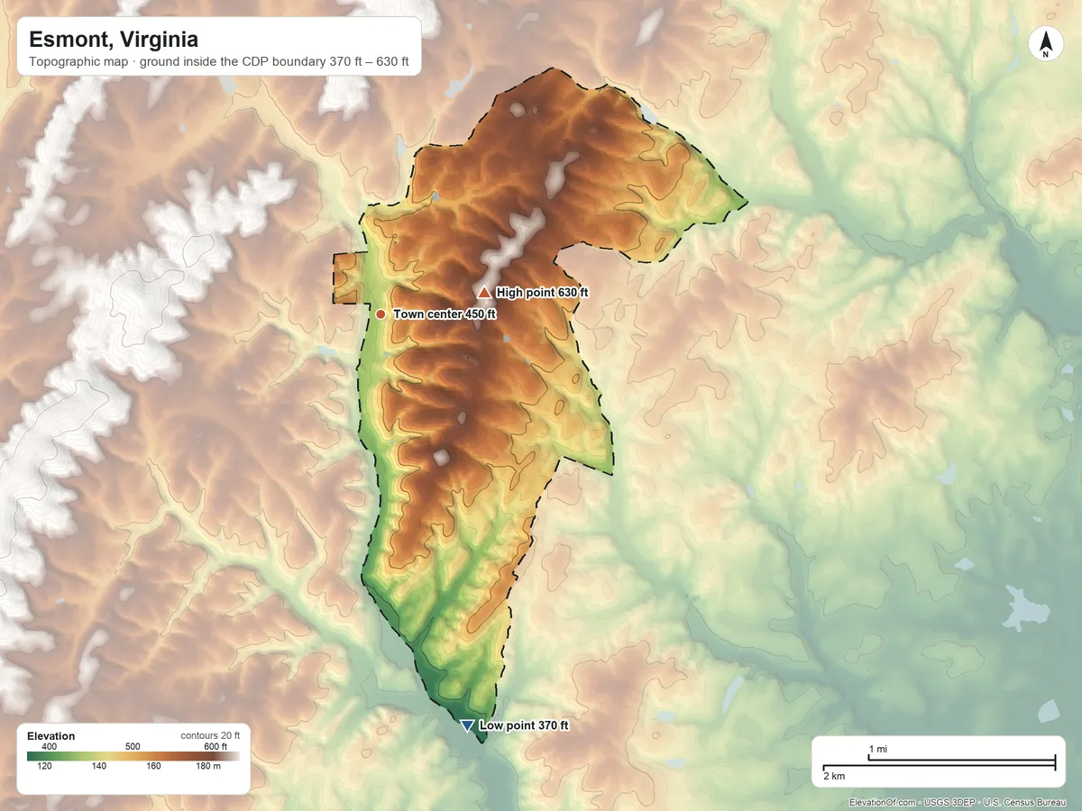 Topographic elevation map of Esmont, Virginia, shaded from 370 ft on the south side to 630 ft on the east side