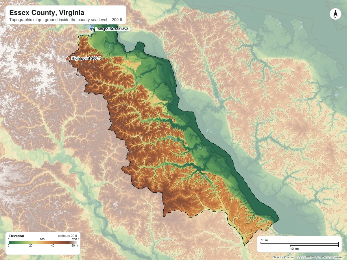 Topographic elevation map of Essex County, Virginia, shaded from sea level on Portobago Bay to 200 ft on the northwest side