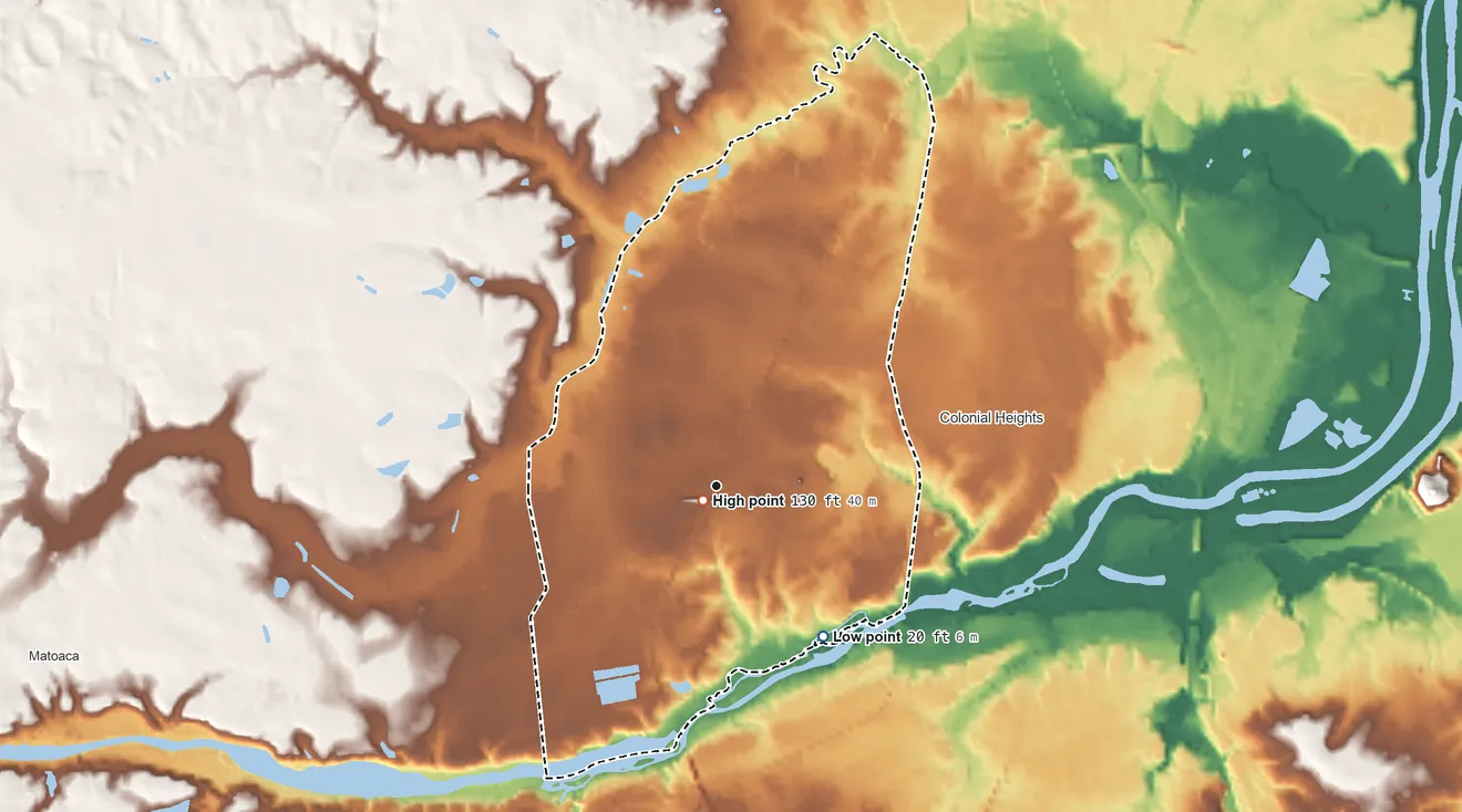 Topographic elevation map of Ettrick, Virginia, shaded from 20 ft on the southeast side to 130 ft near the middle