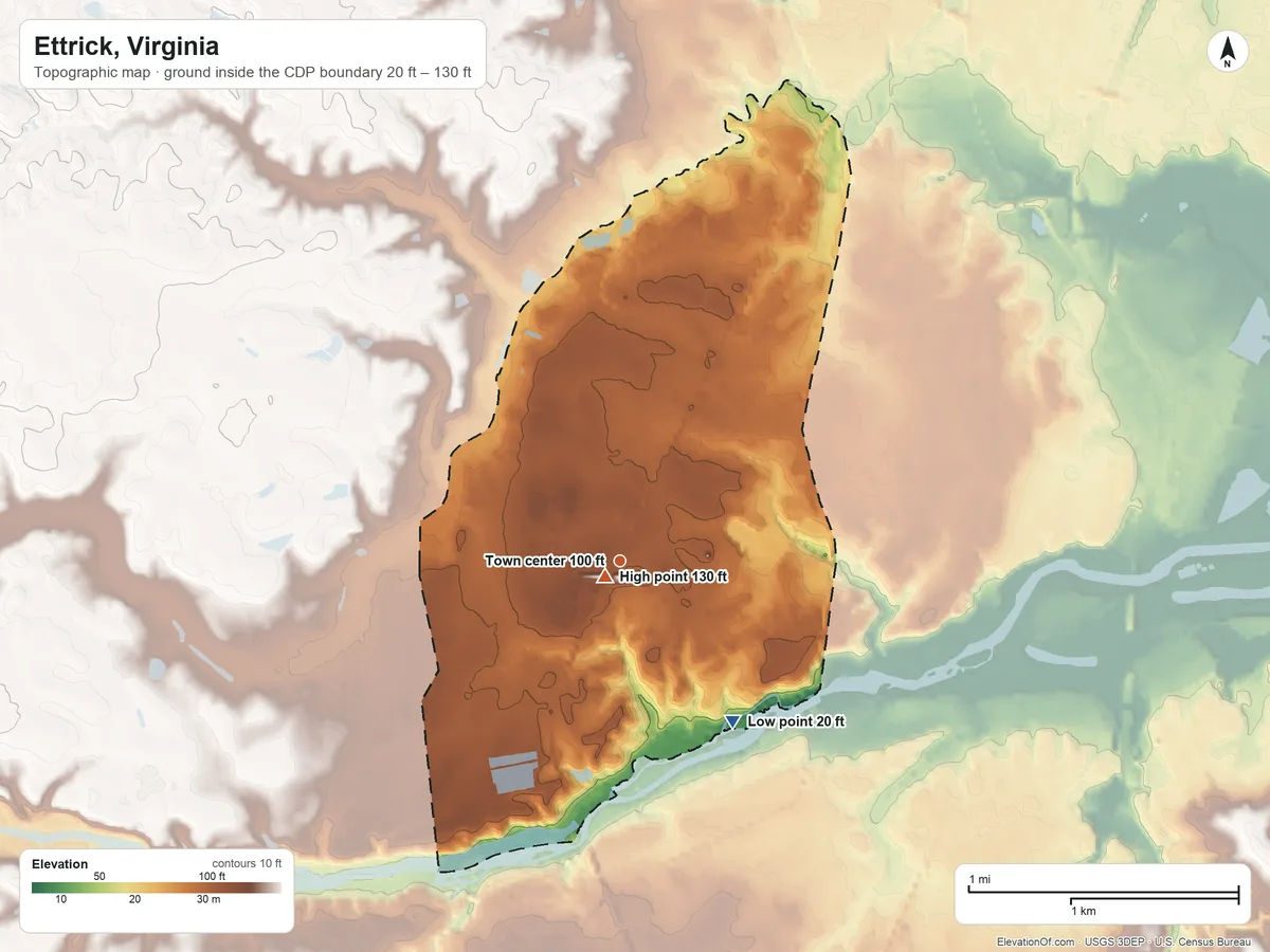 Topographic elevation map of Ettrick, Virginia, shaded from 20 ft on the southeast side to 130 ft near the middle