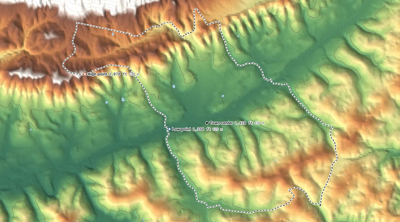 Topographic elevation map of Ewing, Virginia, shaded from 1,380 ft on the west side to 2,070 ft on the west edge, below higher ground just outside