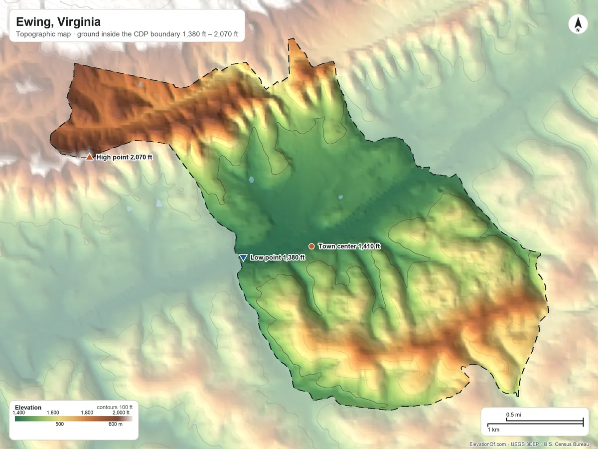 Topographic elevation map of Ewing, Virginia, shaded from 1,380 ft on the west side to 2,070 ft on the west edge, below higher ground just outside