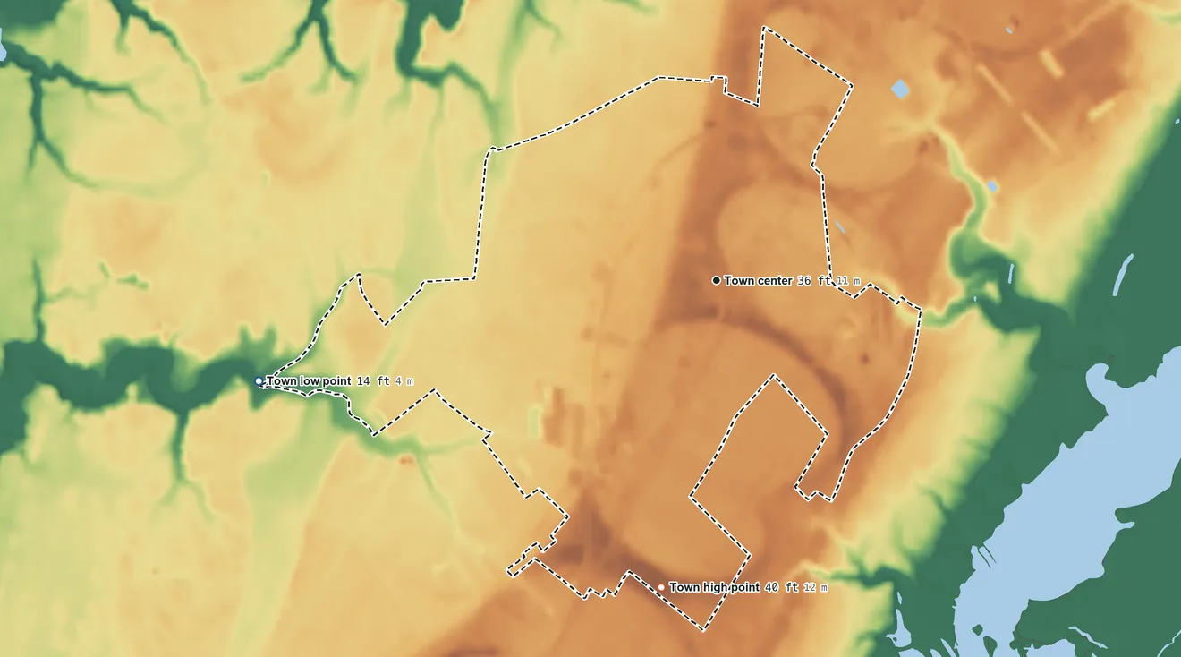 Topographic elevation map of Exmore, Virginia, shaded from 14 ft on the west side to 40 ft on the south side