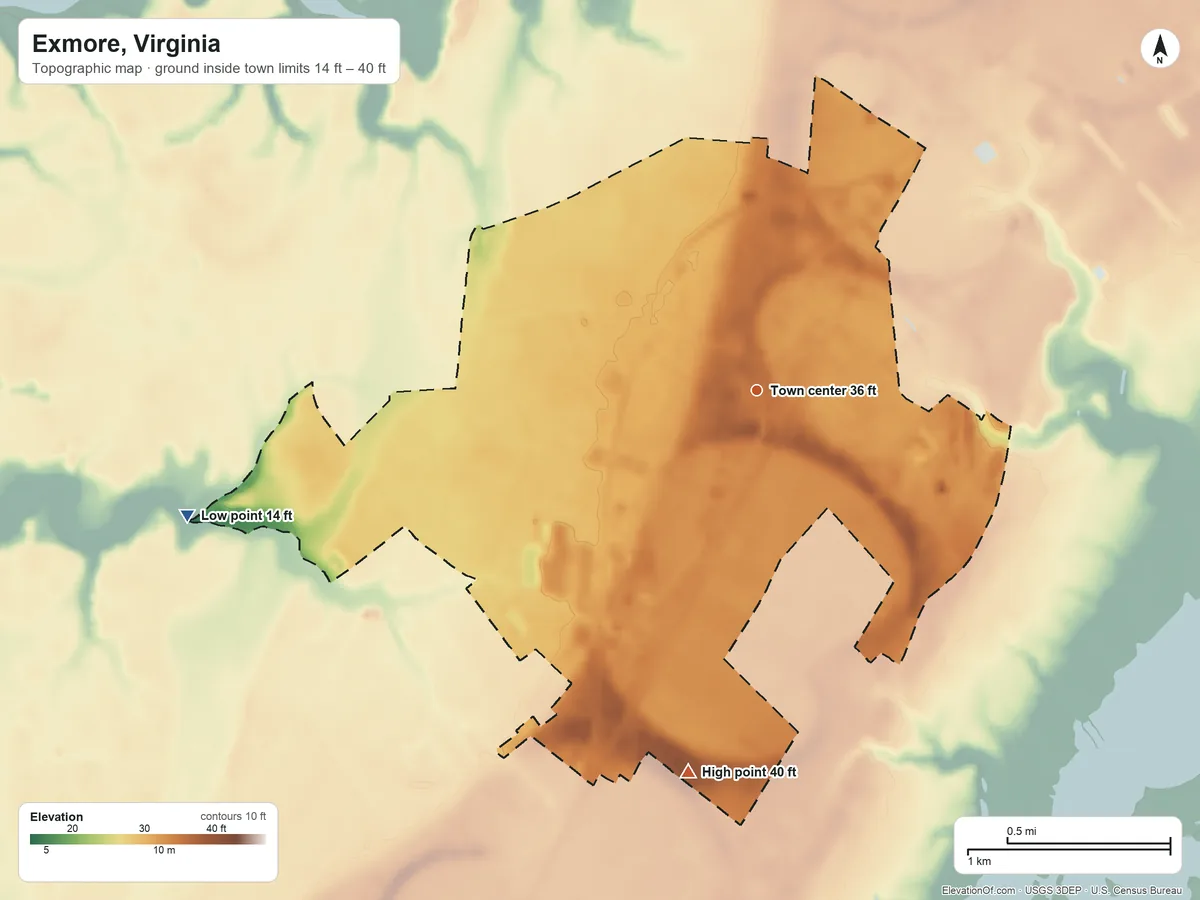 Topographic elevation map of Exmore, Virginia, shaded from 14 ft on the west side to 40 ft on the south side