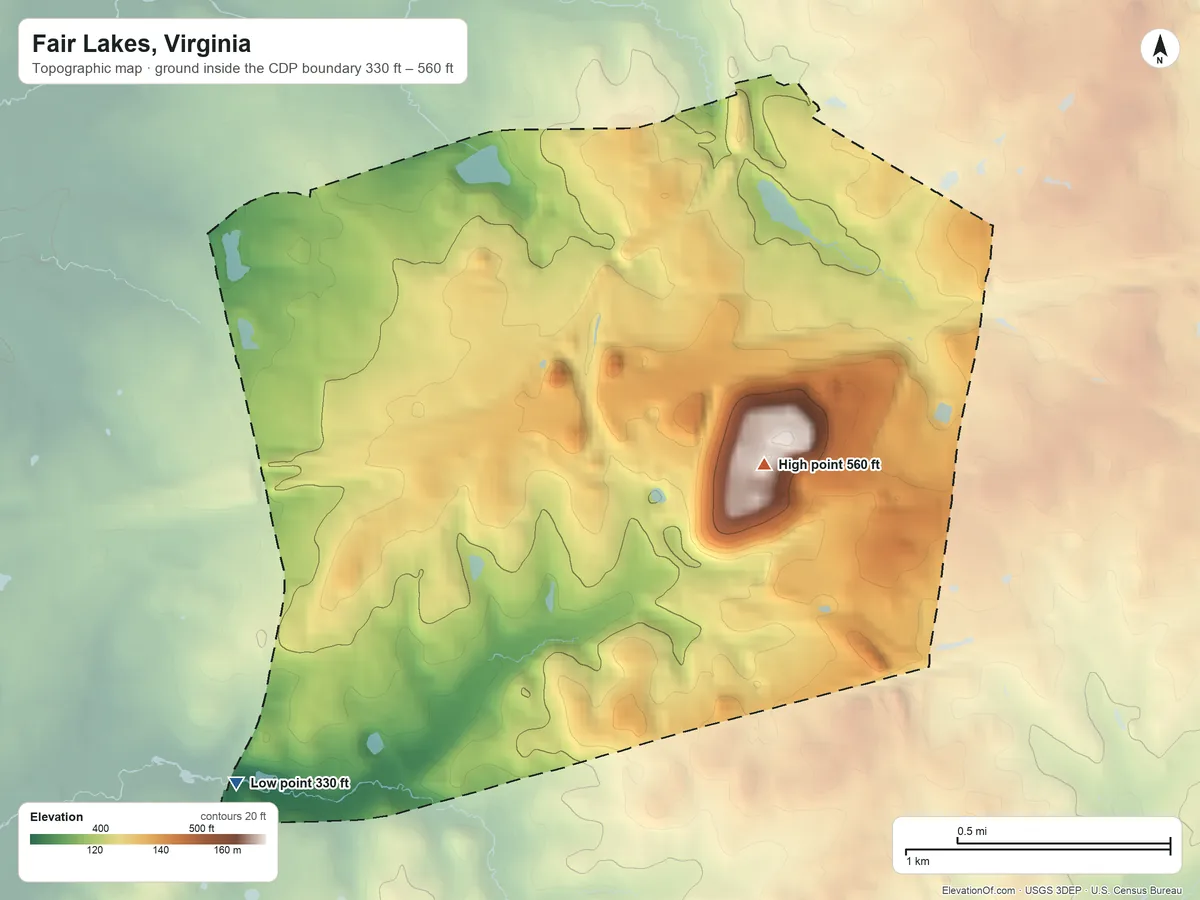 Topographic elevation map of Fair Lakes, Virginia, shaded from 330 ft on the southwest side to 560 ft on the east side