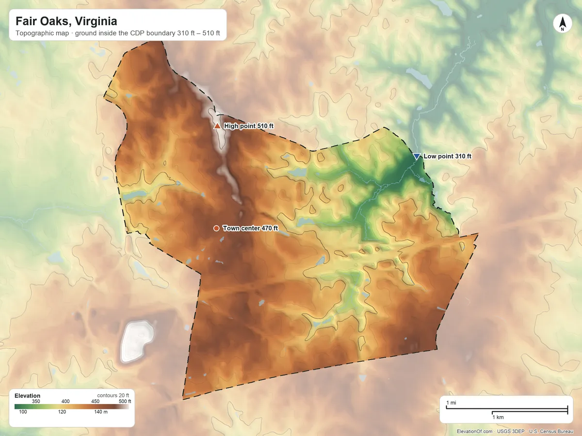 Topographic elevation map of Fair Oaks, Virginia, shaded from 310 ft on the east side to 510 ft on the north side