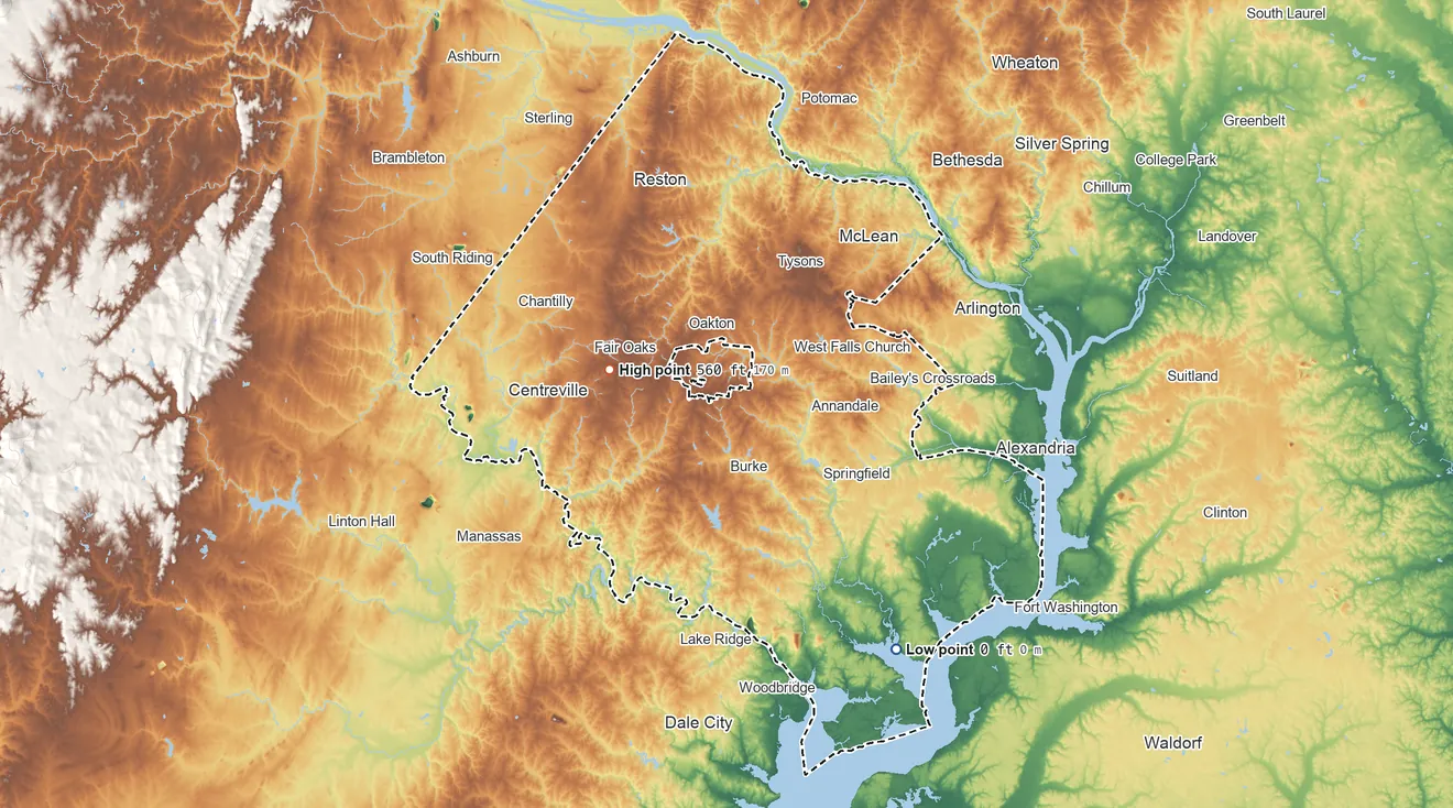 Topographic elevation map of Fairfax County, Virginia, shaded from sea level on Accotink Bay to 560 ft on the west side