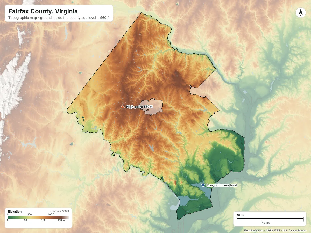 Topographic elevation map of Fairfax County, Virginia, shaded from sea level on Accotink Bay to 560 ft on the west side