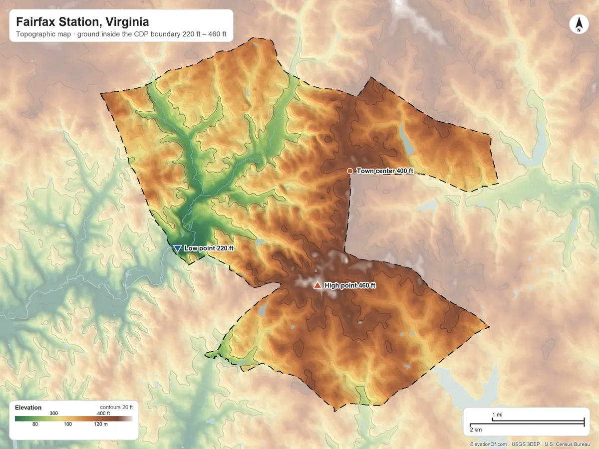 Topographic elevation map of Fairfax Station, Virginia, shaded from 220 ft on the southwest side to 460 ft on the south side