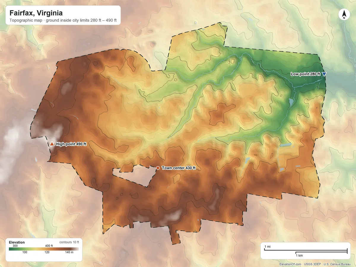 Topographic elevation map of Fairfax, Virginia, shaded from 280 ft on the northeast side to 490 ft on the west side