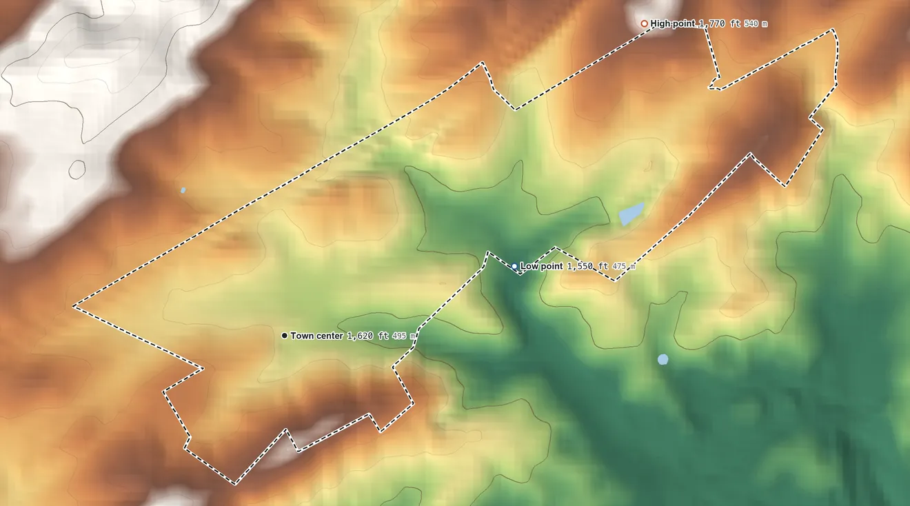 Topographic elevation map of Fairfield, Virginia, shaded from 1,550 ft on the east side to 1,770 ft on the northeast side