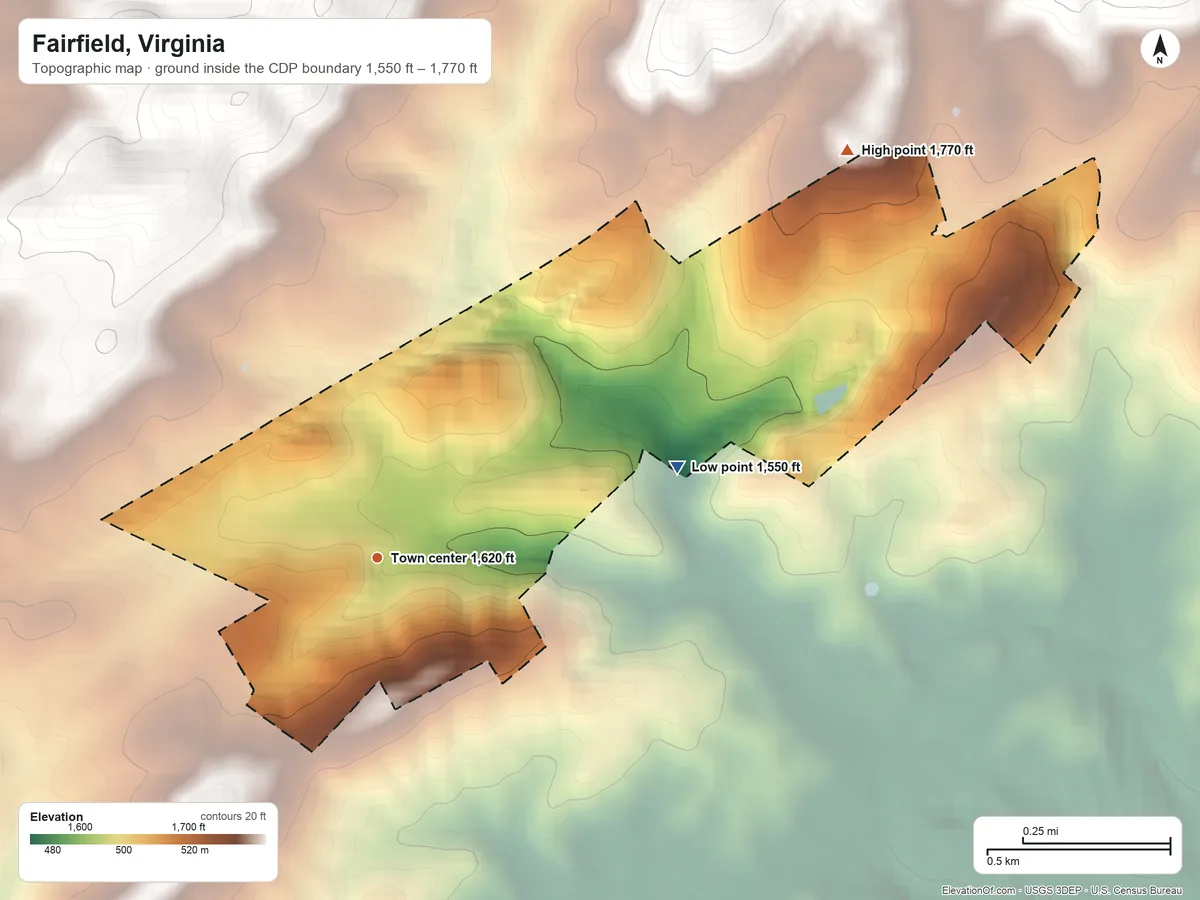 Topographic elevation map of Fairfield, Virginia, shaded from 1,550 ft on the east side to 1,770 ft on the northeast side