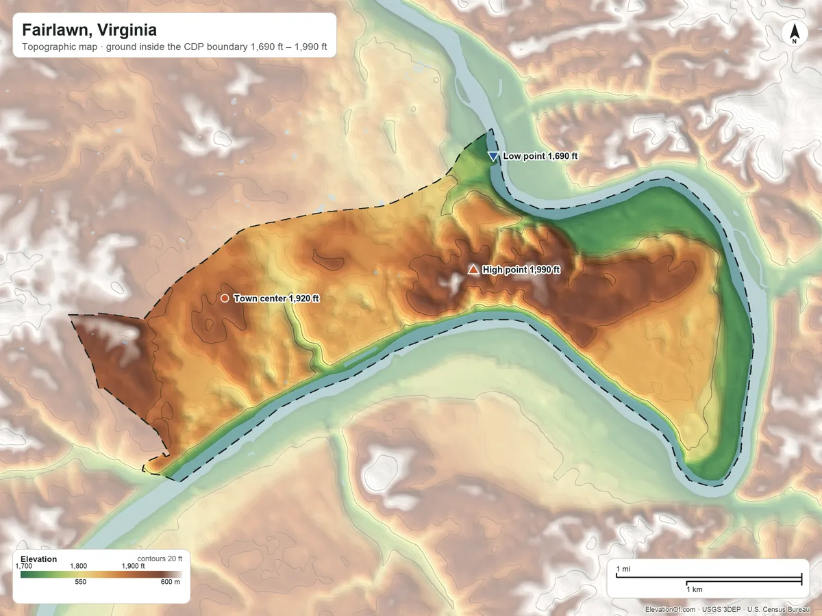 Topographic elevation map of Fairlawn, Virginia, shaded from 1,690 ft on the northeast side to 1,990 ft on the east side