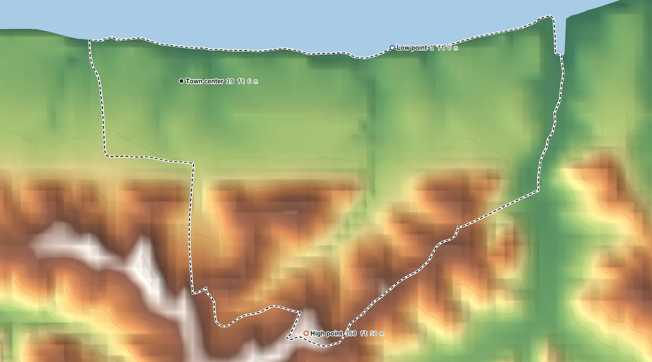 Topographic elevation map of Fairview Beach, Virginia, shaded from 1 ft on the east side to 160 ft on the southeast side