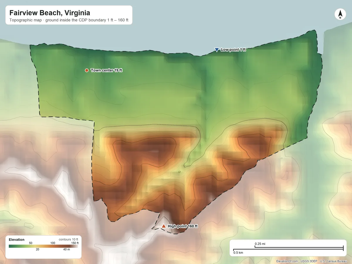 Topographic elevation map of Fairview Beach, Virginia, shaded from 1 ft on the east side to 160 ft on the southeast side