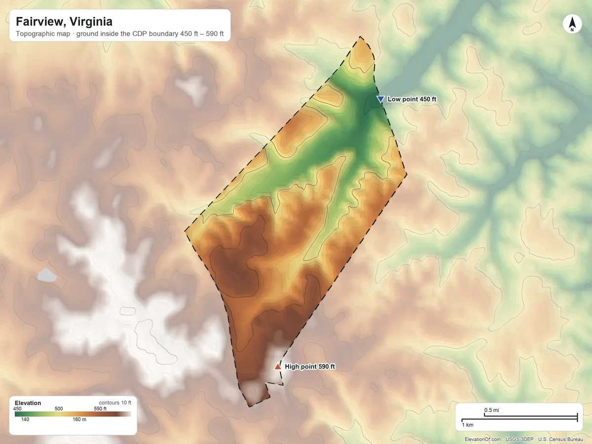 Topographic elevation map of Fairview, Virginia, shaded from 450 ft on the northeast side to 590 ft near the middle