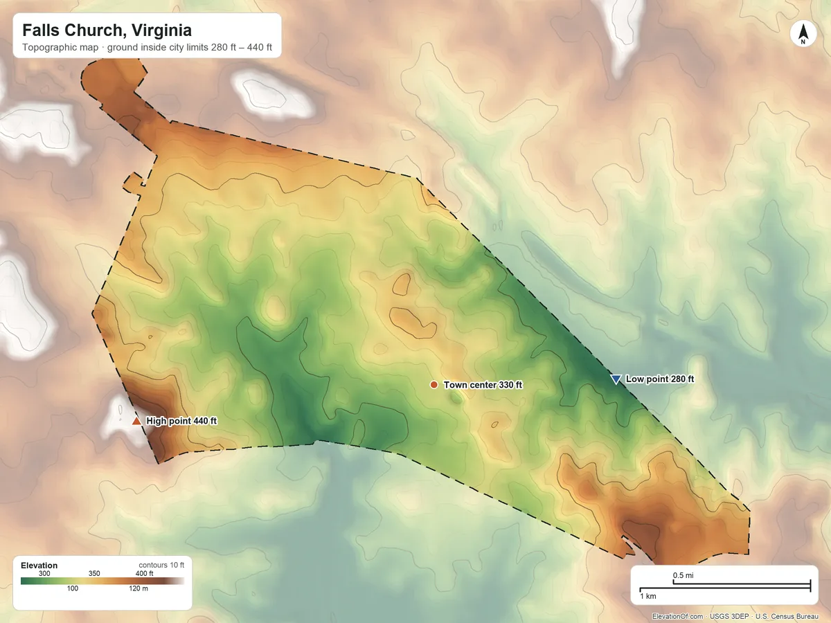 Topographic elevation map of Falls Church, Virginia, shaded from 280 ft on the east side to 440 ft on the west edge, below higher ground just outside