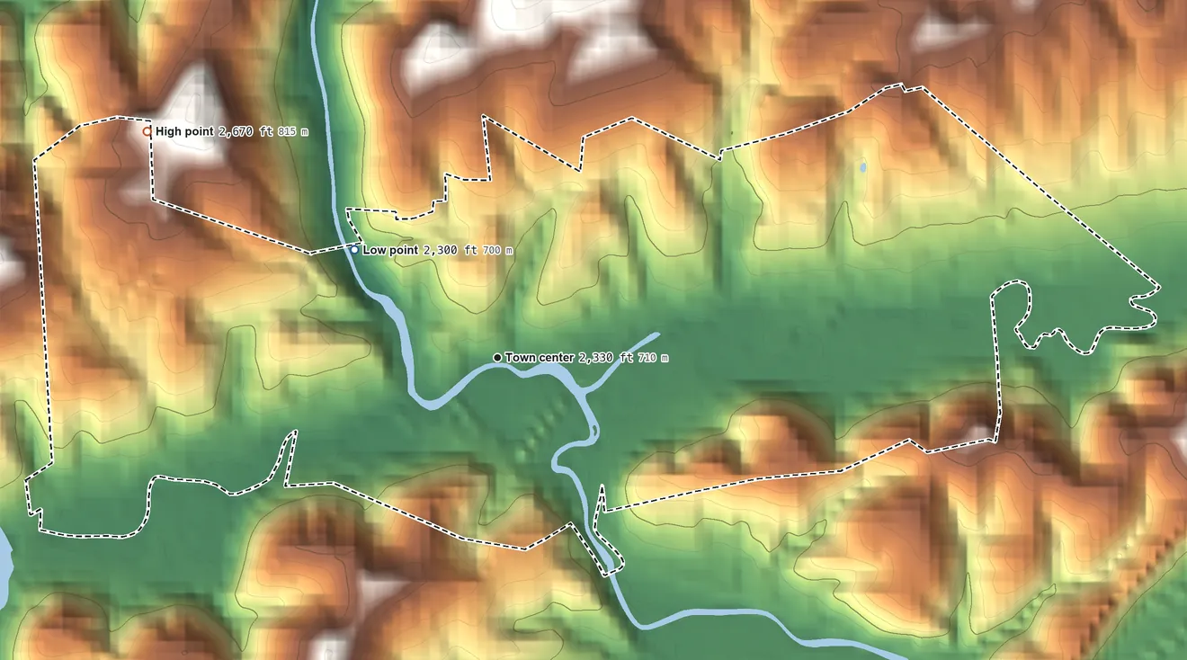 Topographic elevation map of Falls Mills, Virginia, shaded from 2,300 ft on the northwest side to 2,670 ft on the northwest side