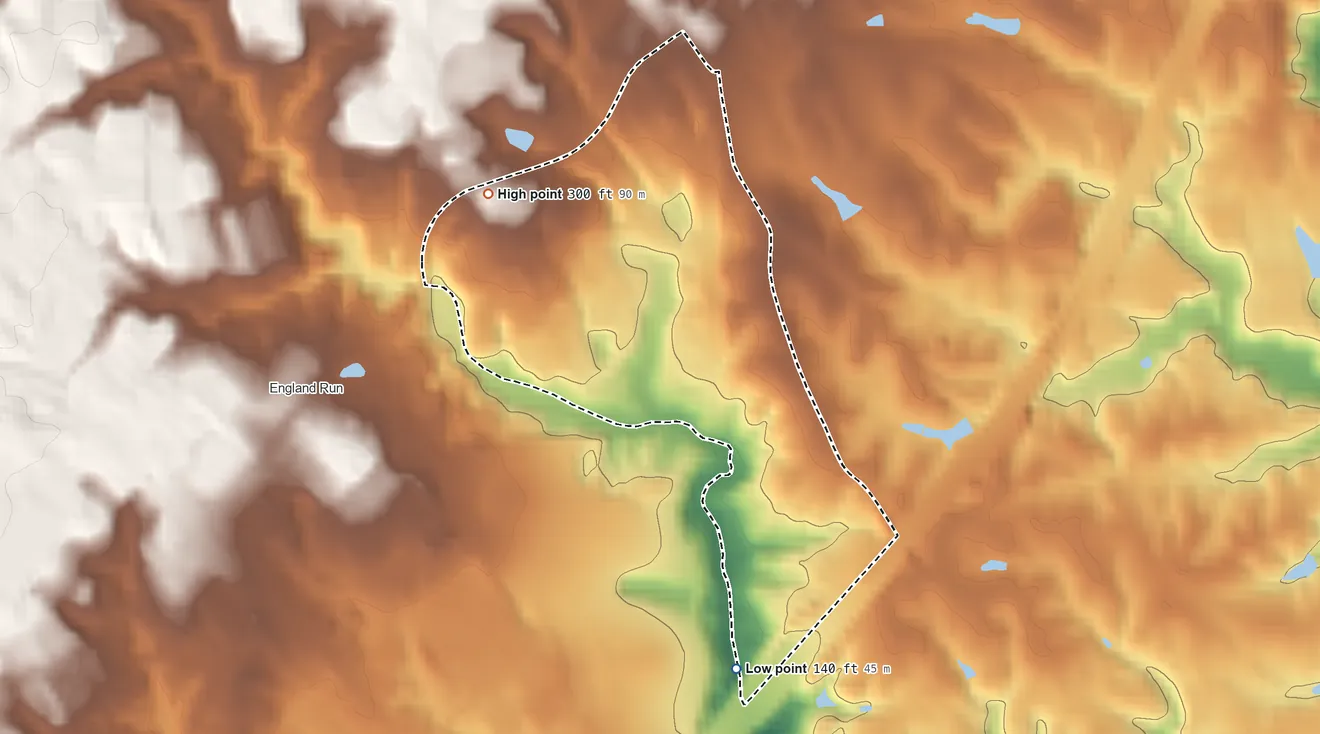 Topographic elevation map of Falls Run, Virginia, shaded from 140 ft on the south side to 300 ft on the northwest side