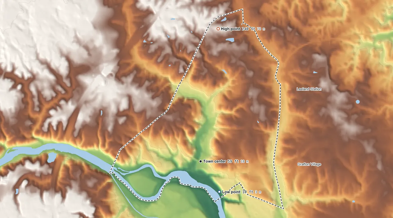 Topographic elevation map of Falmouth, Virginia, shaded from 10 ft on the southeast side to 240 ft on the north side