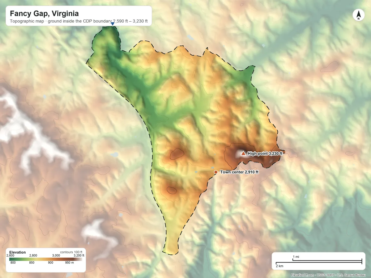 Topographic elevation map of Fancy Gap, Virginia, shaded from 2,590 ft on the northwest side to 3,230 ft on Mitchell Knob