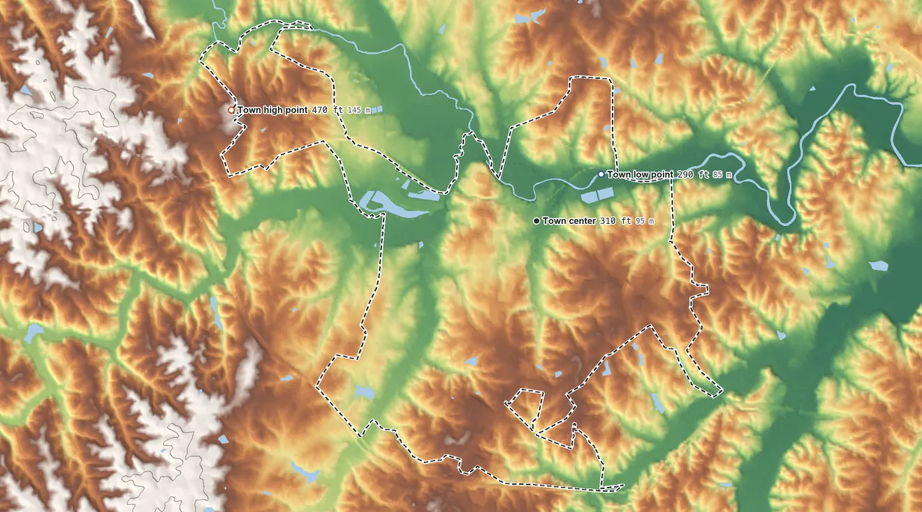 Topographic elevation map of Farmville, Virginia, shaded from 290 ft on the northeast side to 470 ft on the west side