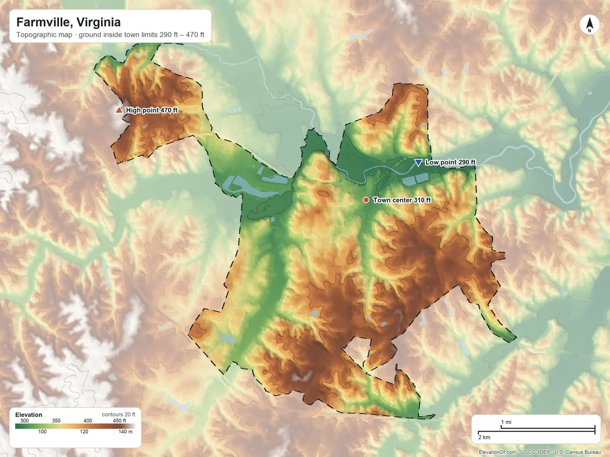 Topographic elevation map of Farmville, Virginia, shaded from 290 ft on the northeast side to 470 ft on the west side