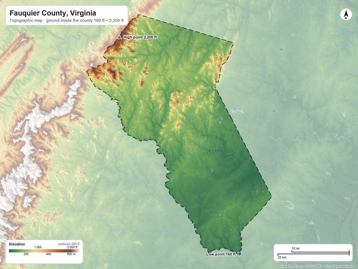 Topographic elevation map of Fauquier County, Virginia, shaded from 160 ft on the southeast side to 2,200 ft on the northwest side