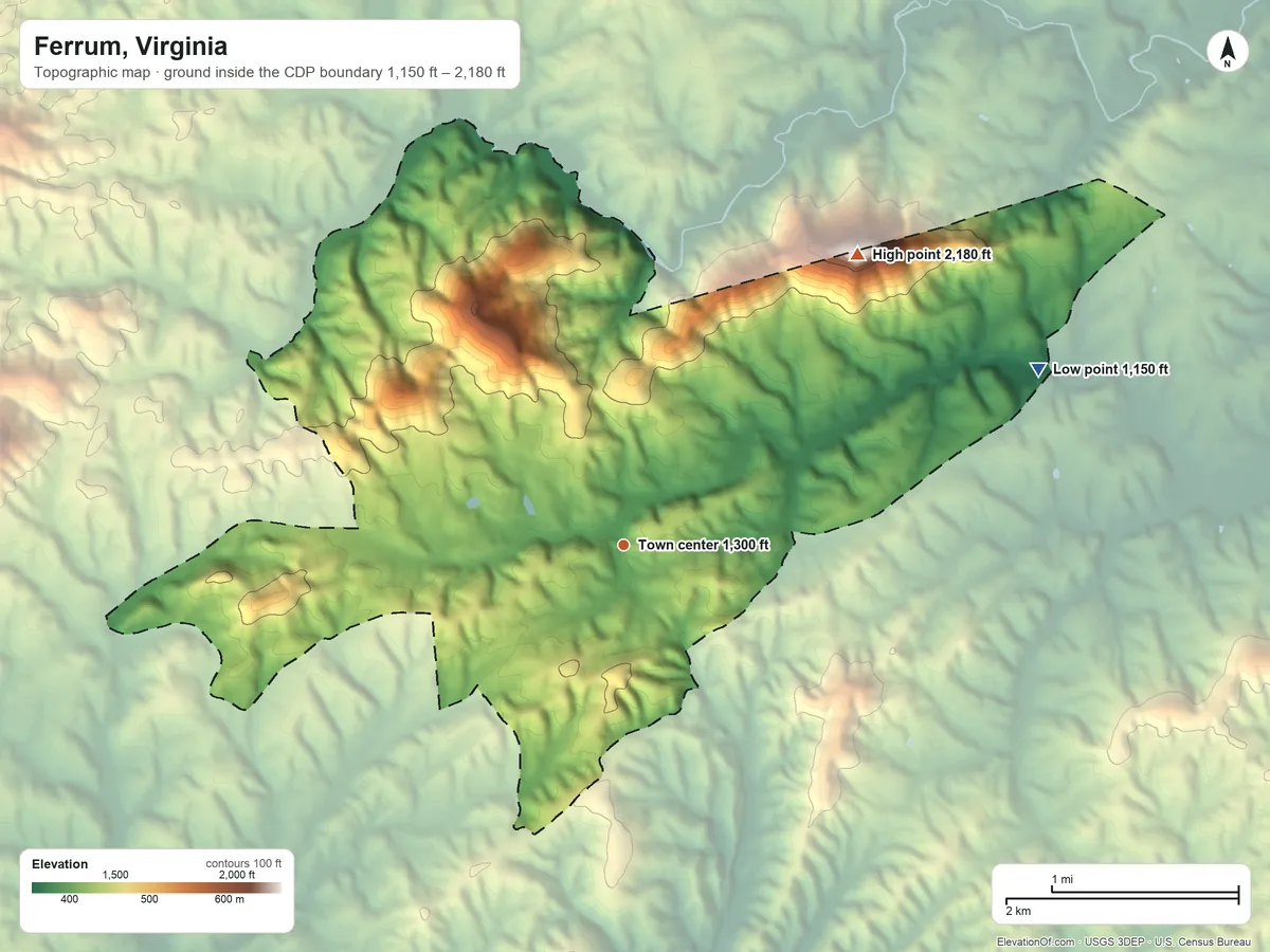 Topographic elevation map of Ferrum, Virginia, shaded from 1,150 ft on the northeast side to 2,180 ft on Cooks Knob