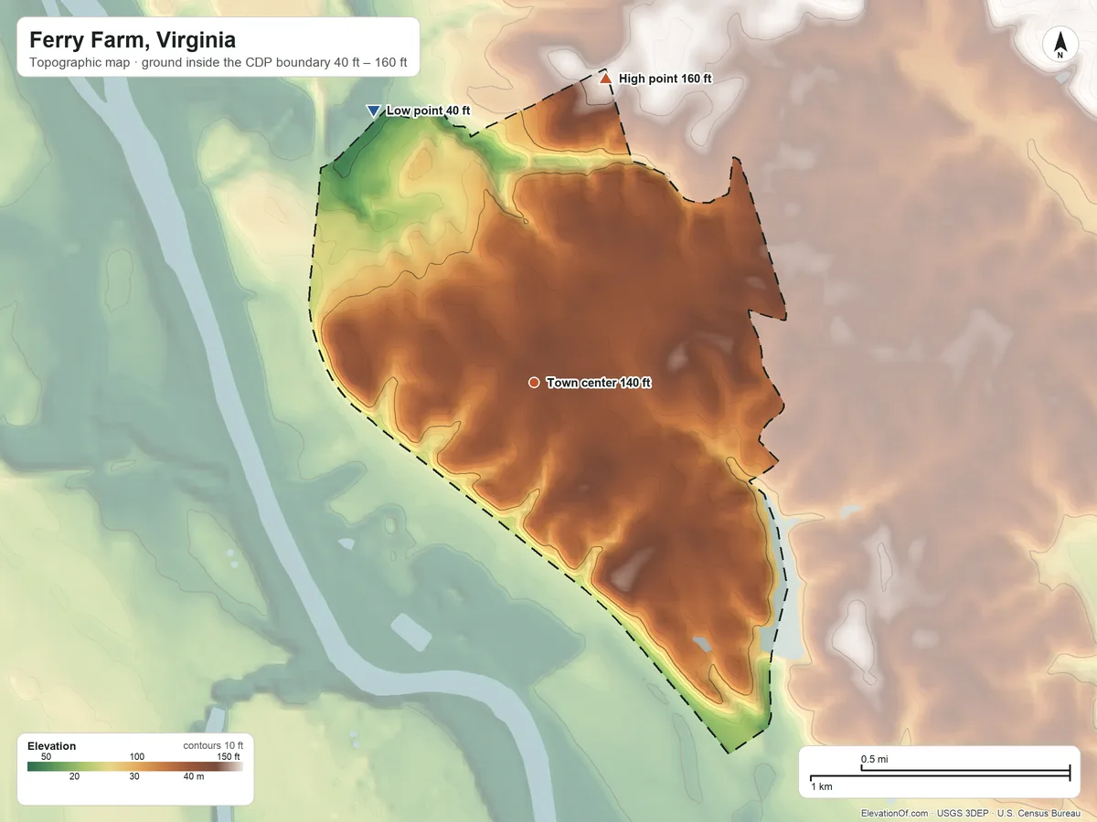 Topographic elevation map of Ferry Farm, Virginia, shaded from 40 ft on the northwest side to 160 ft on the north side