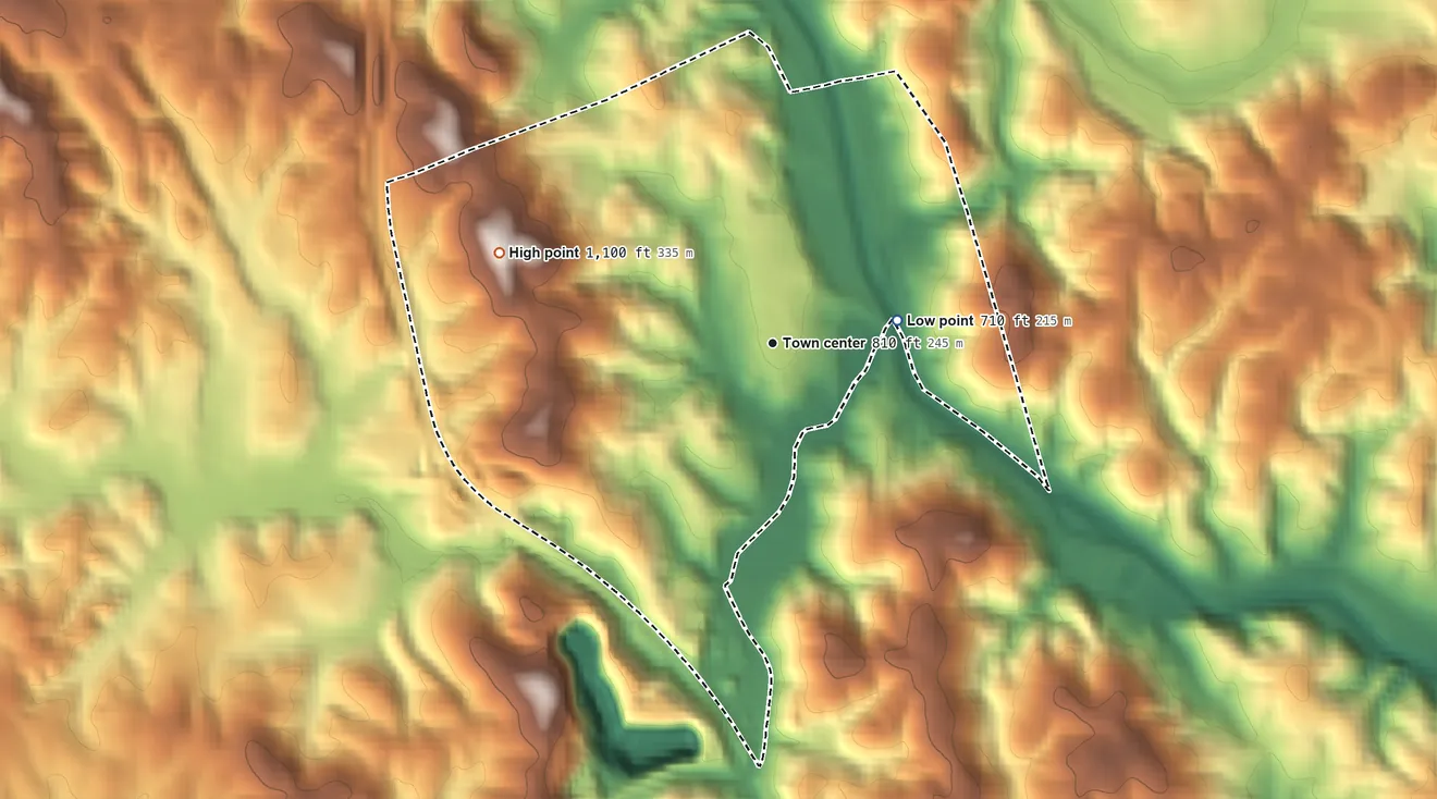 Topographic elevation map of Fieldale, Virginia, shaded from 710 ft on the east side to 1,100 ft on the west side