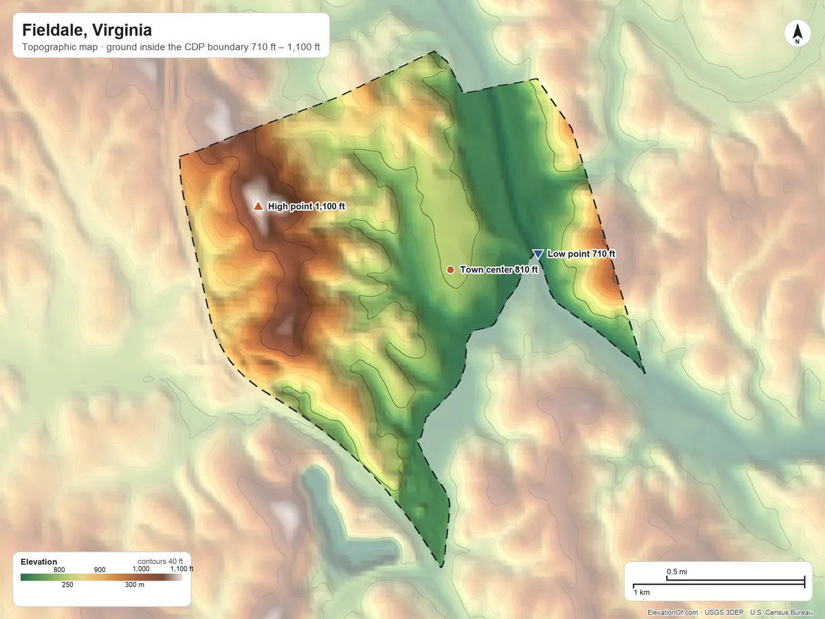 Topographic elevation map of Fieldale, Virginia, shaded from 710 ft on the east side to 1,100 ft on the west side