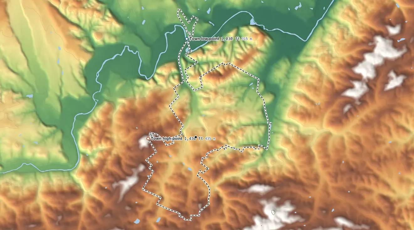 Topographic elevation map of Fincastle, Virginia, shaded from 1,030 ft on the north side to 1,430 ft on the west side